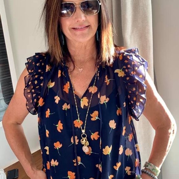 CAbi Tops - CAbi 5522 Blue Sheer Floral Print Tie-Neck Blouse EUC